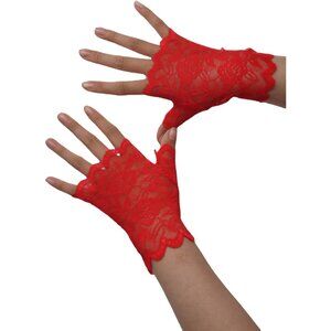 Women's Fingerless Red Short Lace Gloves Party Wedding Costume Accessories